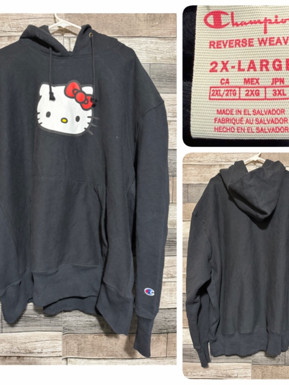 Champion Reverse Weave Hello Kitty Hoodie Size 2XL Black Heavyweight Pullover